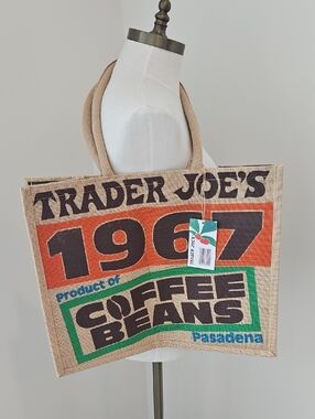Trader Joe's 1967 Coffee Beans Natural Jute Tote with Orange & Green Print